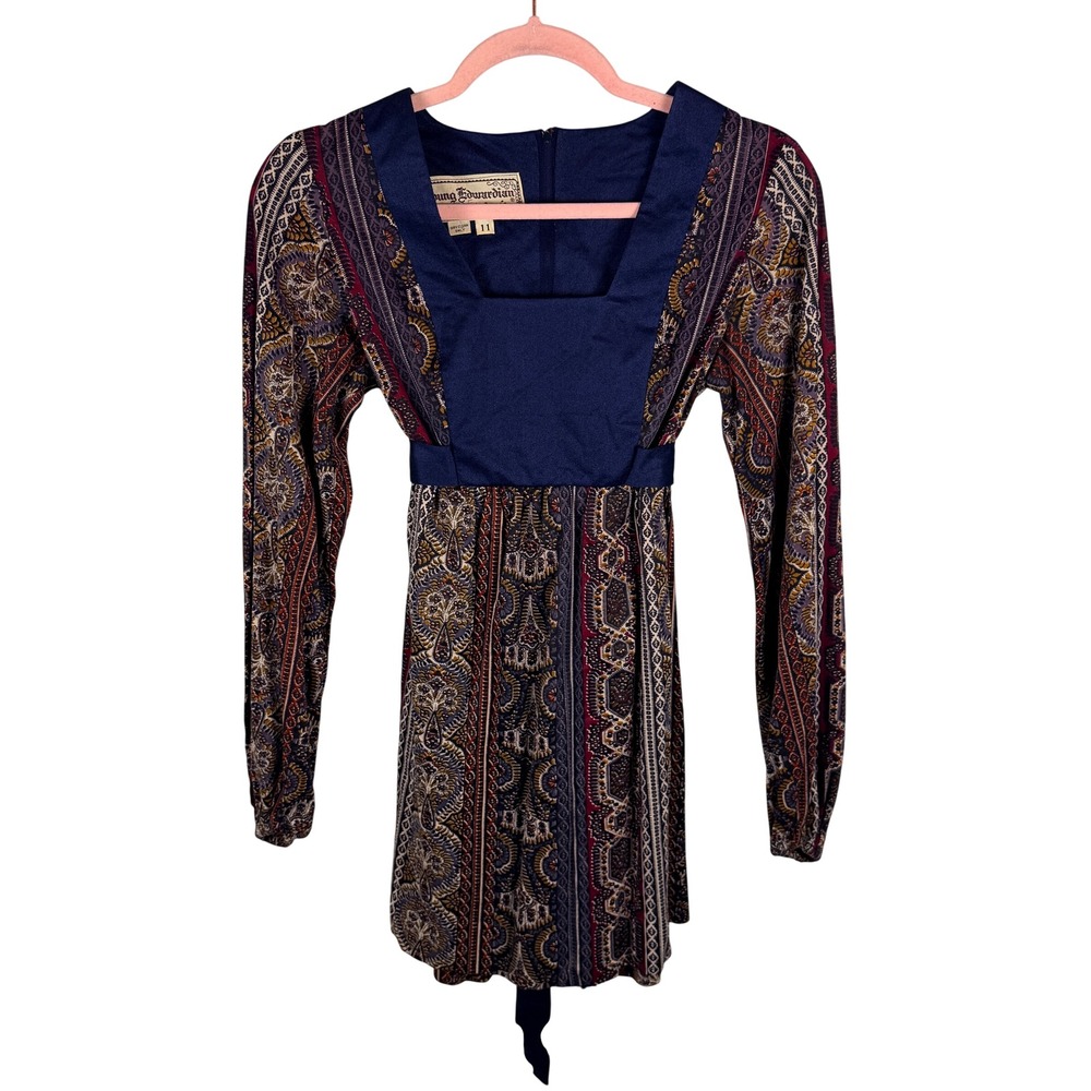 Young Edwardian Mini Dress Womens 11 Navy Paisley Boho Vintage 70s Arpeja